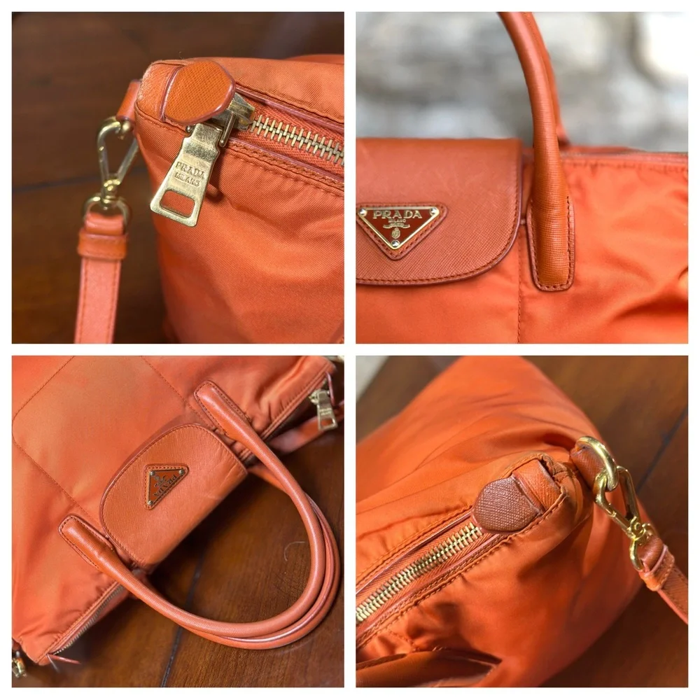 AUTHENTIC Prada Tessuto Nylon Saffiano Tote. Color: Papaya. - Picture 13 of 15